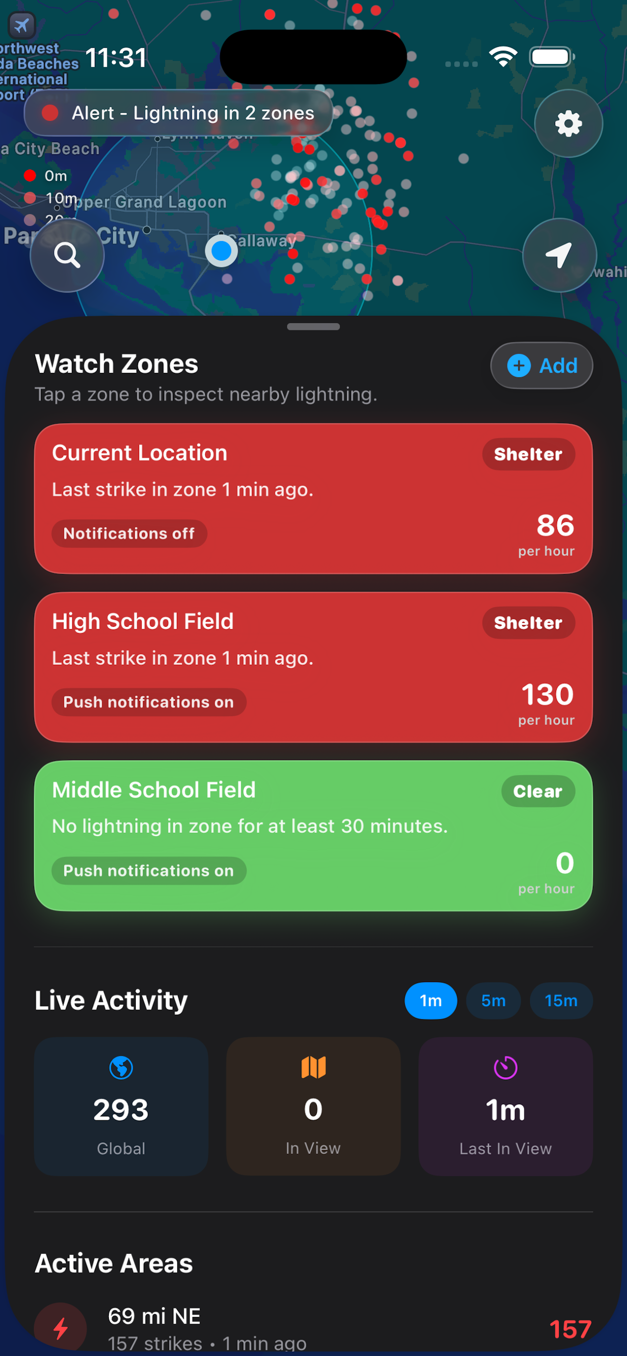 Bolted Watch Zones showing Shelter and Clear status cards